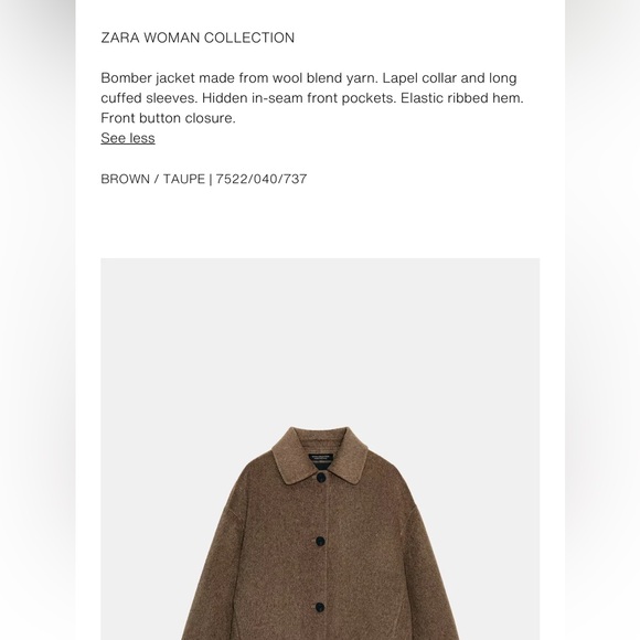 Zara NWT ZW Collection wool blend bomber jacket brown 7522/040 - Picture 5 of 7
